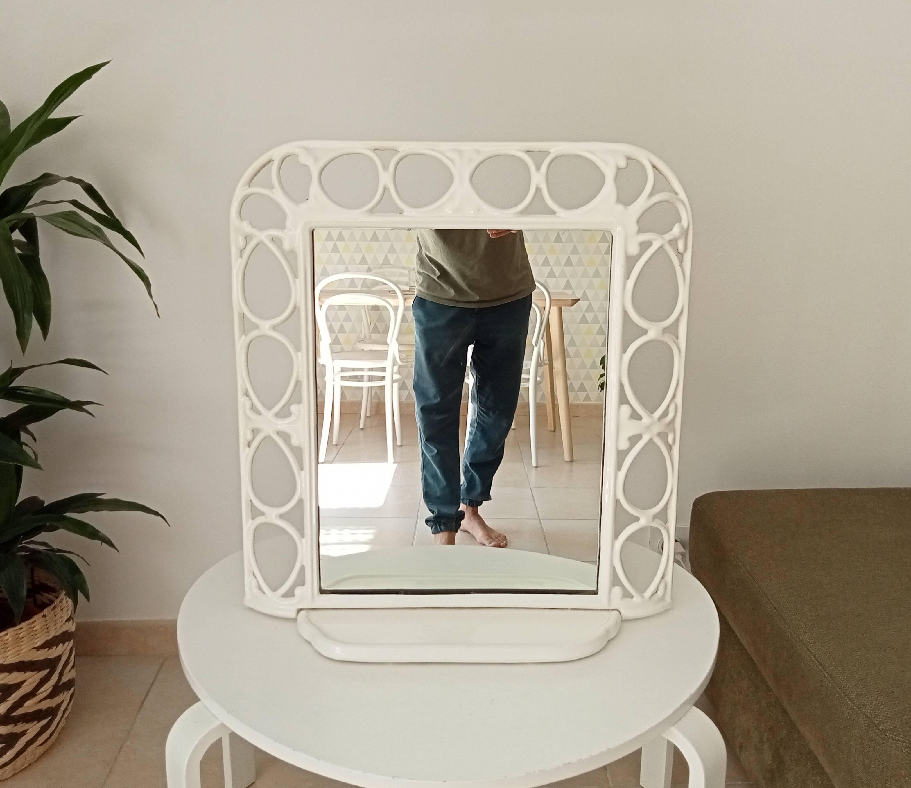 Antique 1930s enamelled cast iron shelf mirror