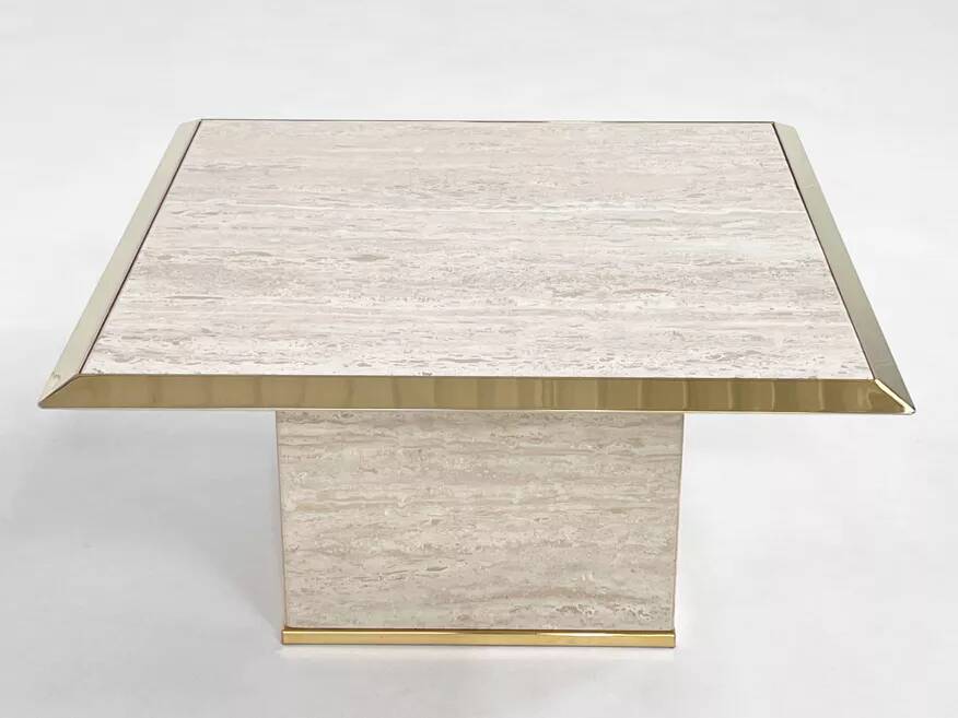 1970s square coffee table in travertine and brass