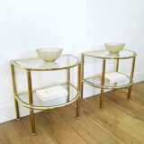 Pairs of gilded metal bedside tables and glass tops