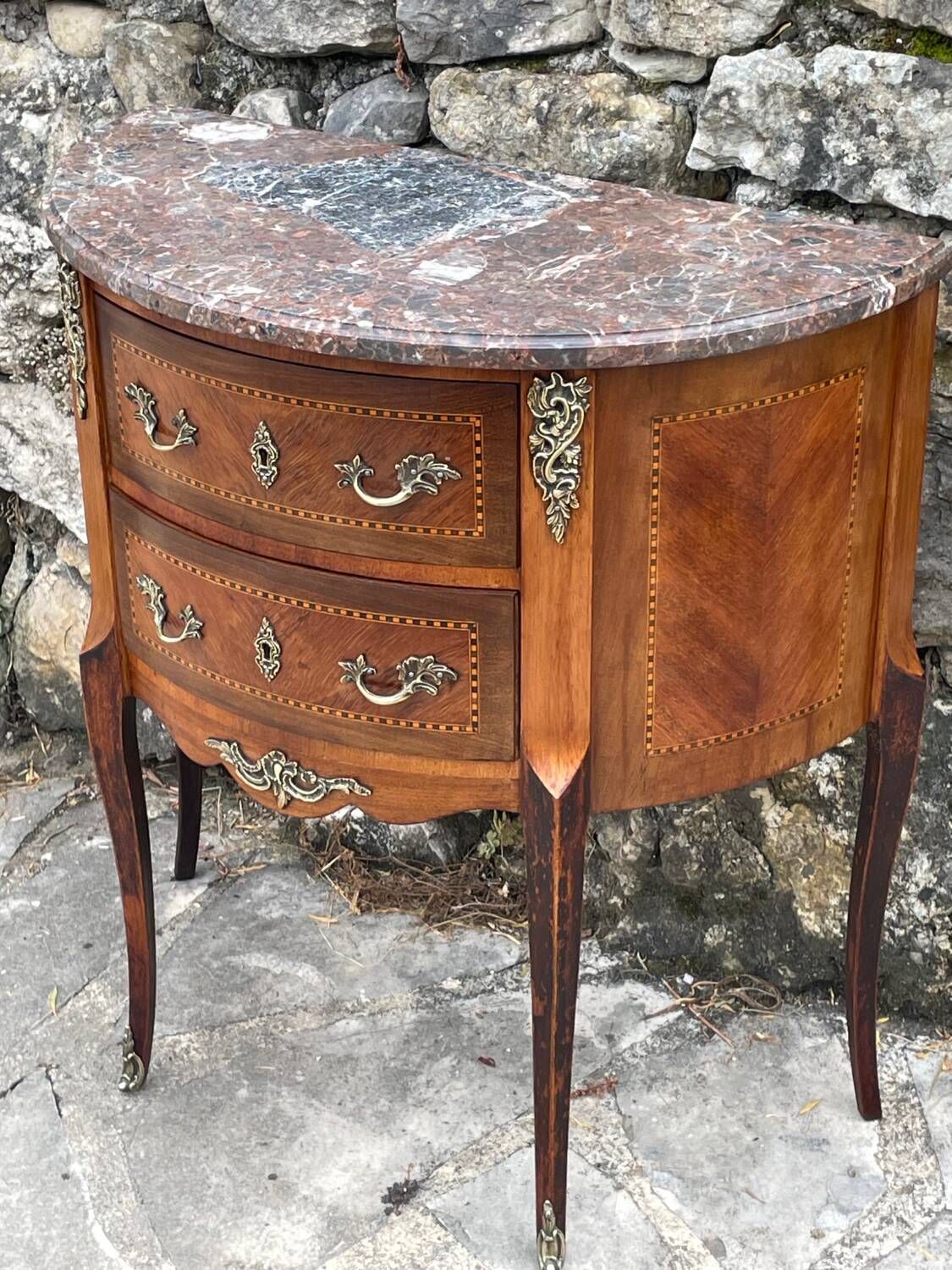 Small half-moon chest of drawers in Louis XV style marquetry, 19th century period