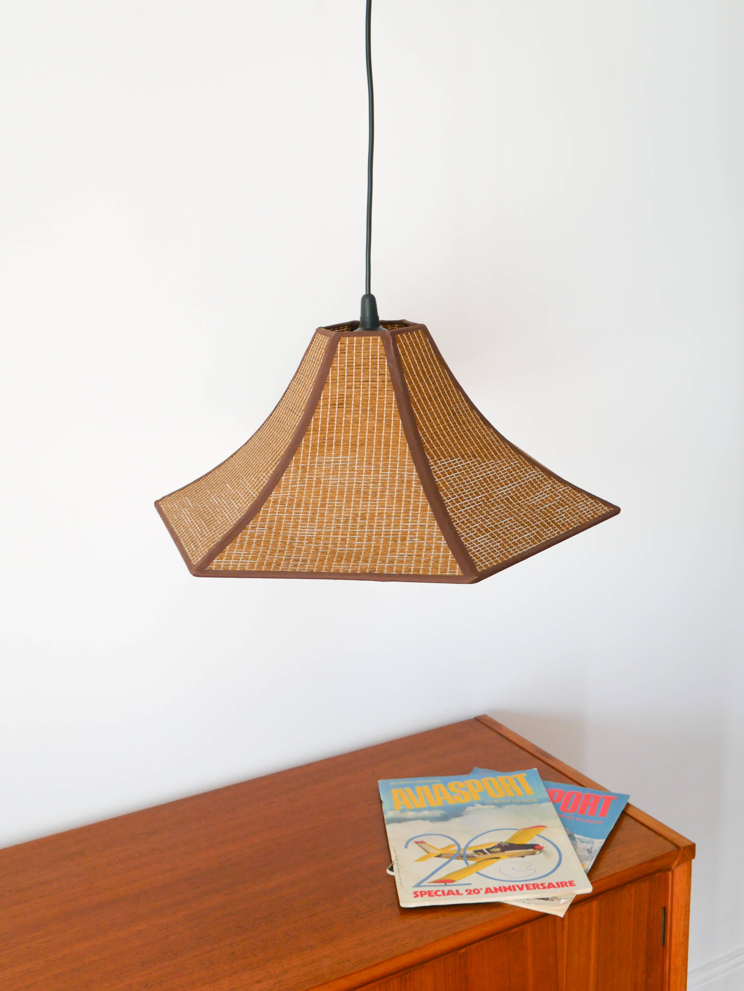 Hexagonal pendant light in brown rattan, 1970