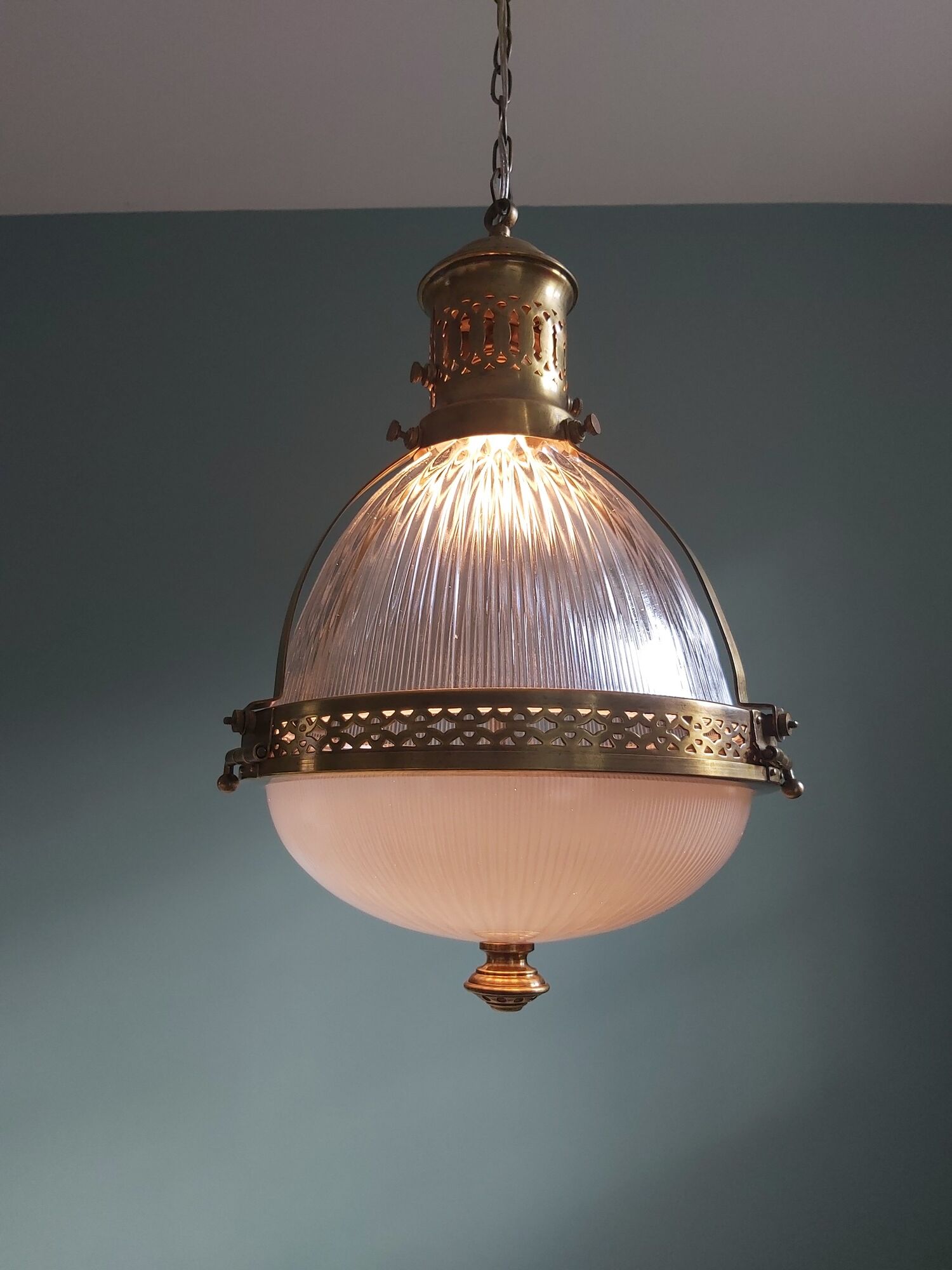 Holophane pendant lamp in prismatic glass and brass, 1920s-30s