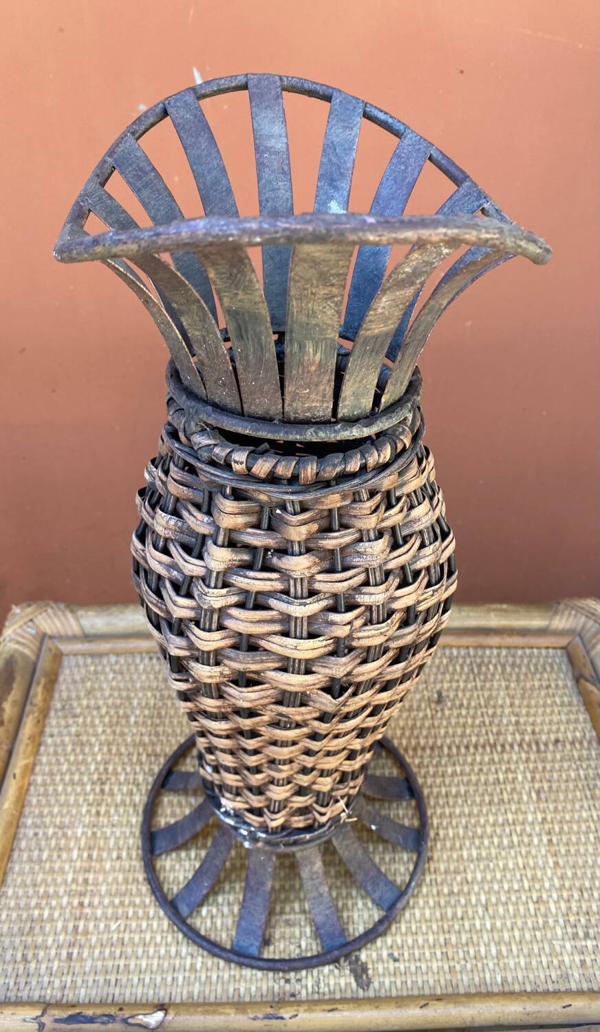 Wicker and metal vase
