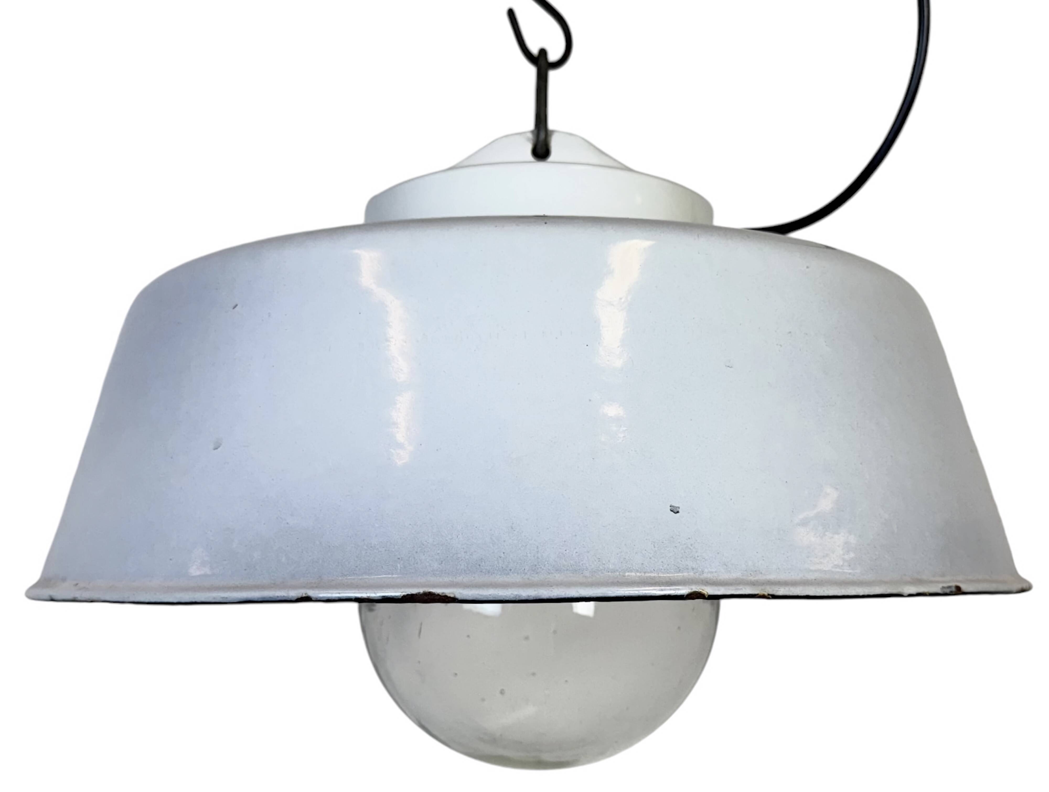 Industrial Grey Enamel Factory Pendant Lamp with Glass Cover, 1960s