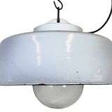 Industrial Grey Enamel Factory Pendant Lamp with Glass Cover, 1960s