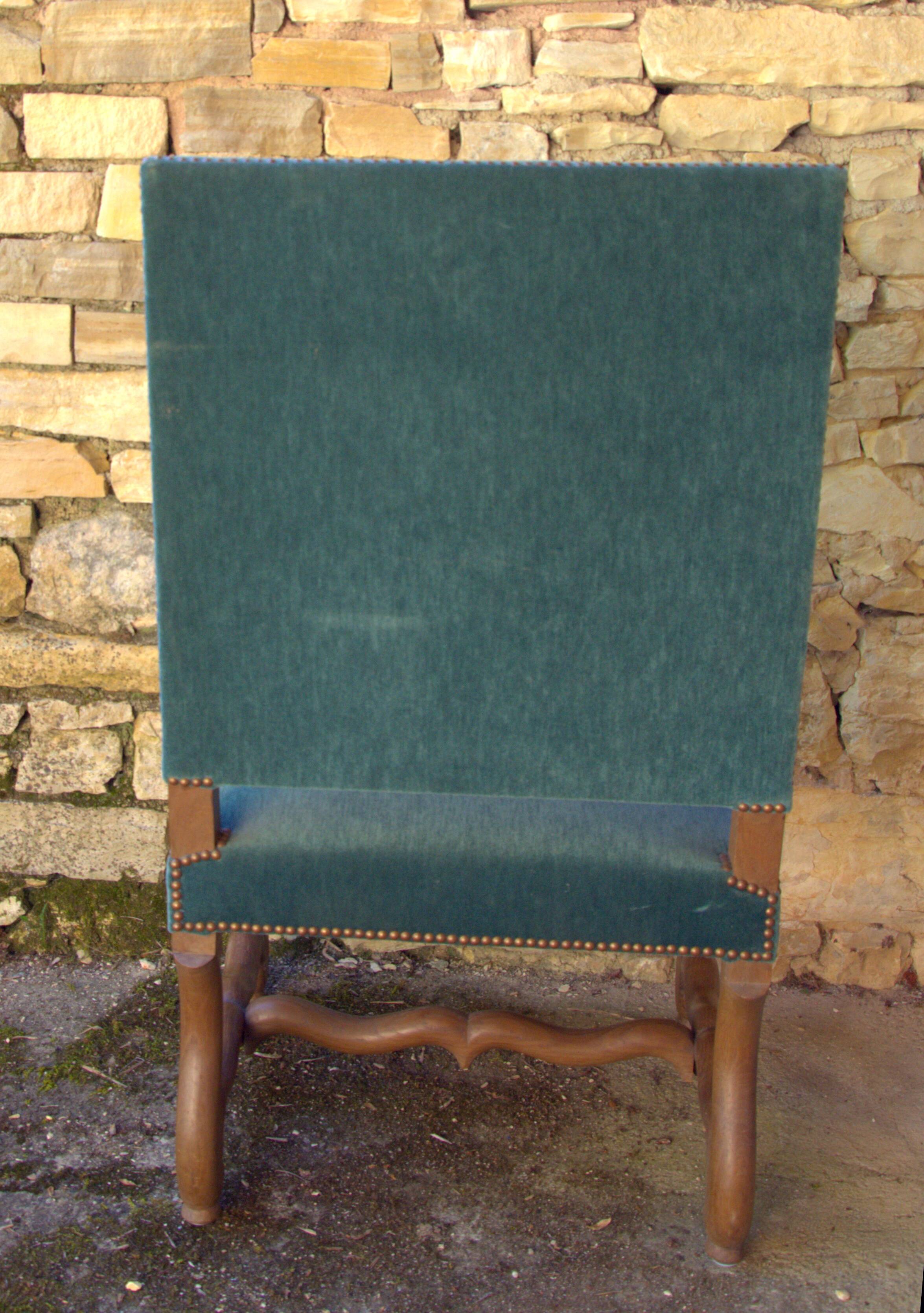 Antique Louis XIII style armchair, duck blue velvet, 67x112cm, G.Besnard