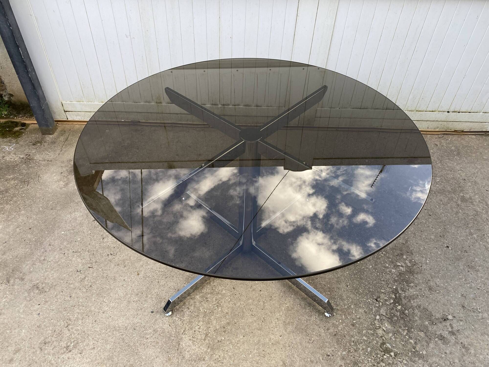 Smoked glass round table chrome Florence Knoll Roche Bobois an70