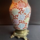 Old Asian vase mounted as a lamp with pagoda lampshade