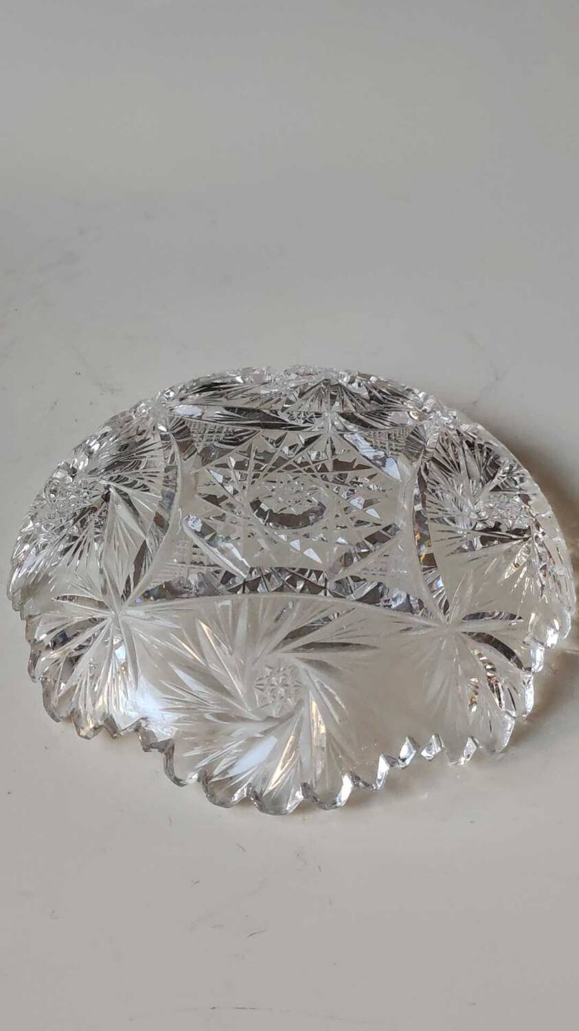 Vintage pocket tray in cut Bohemian crystal. Sophisticated star/brass patterns. Stylish Czech Boho