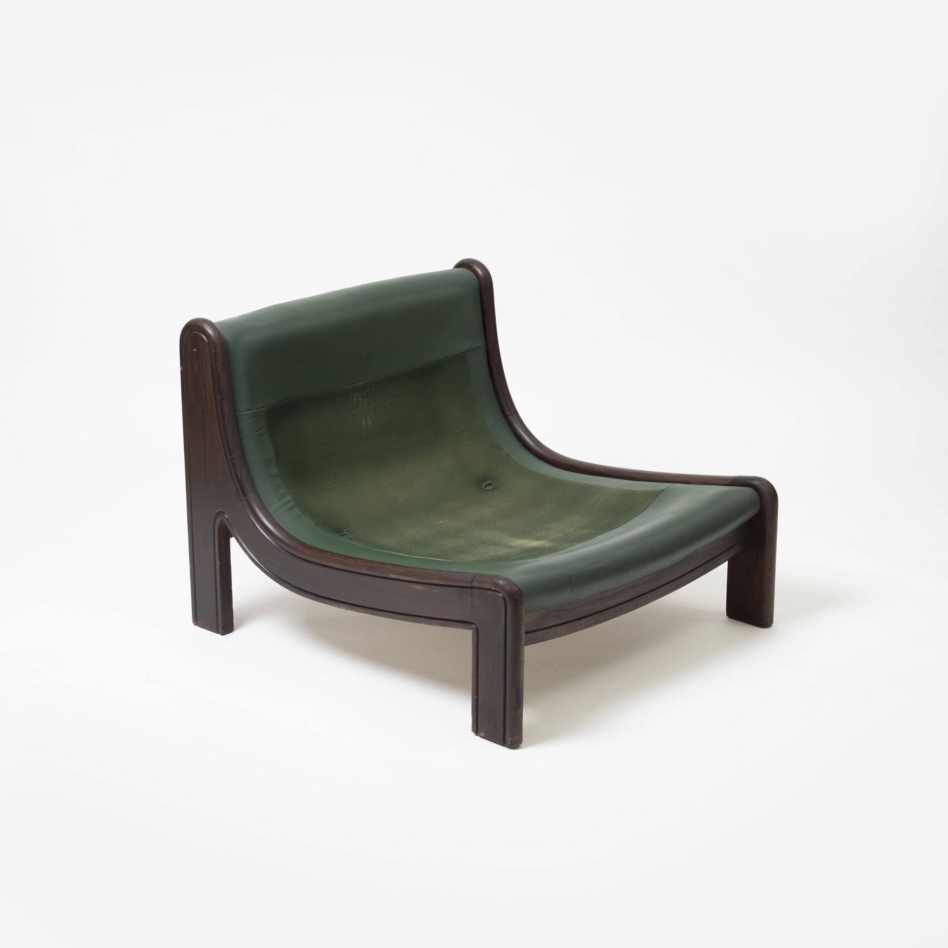 Pair of low sling chairs in hardwood and leather, Germany, 1970s