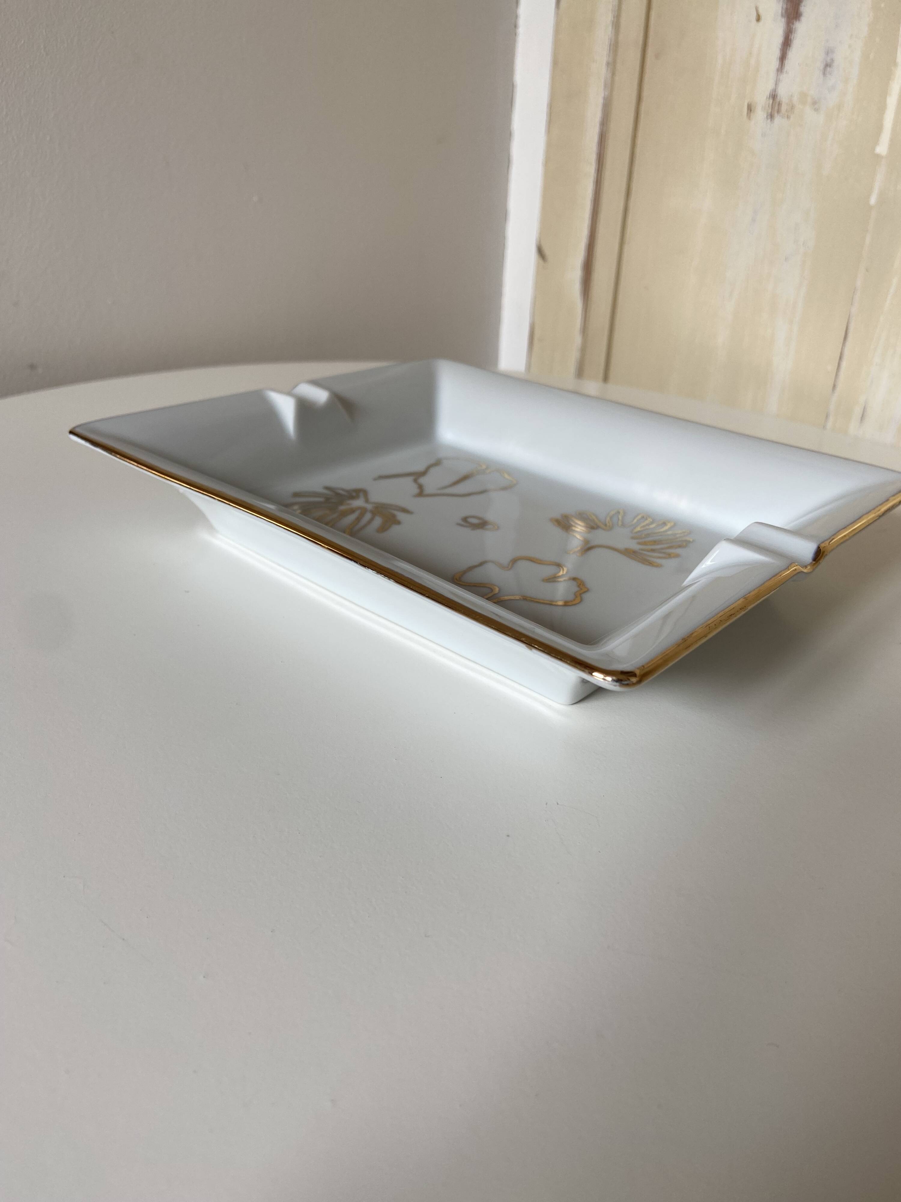 Old rectangular Limoges Porcelain Ashtray: Leaf designs signed GP