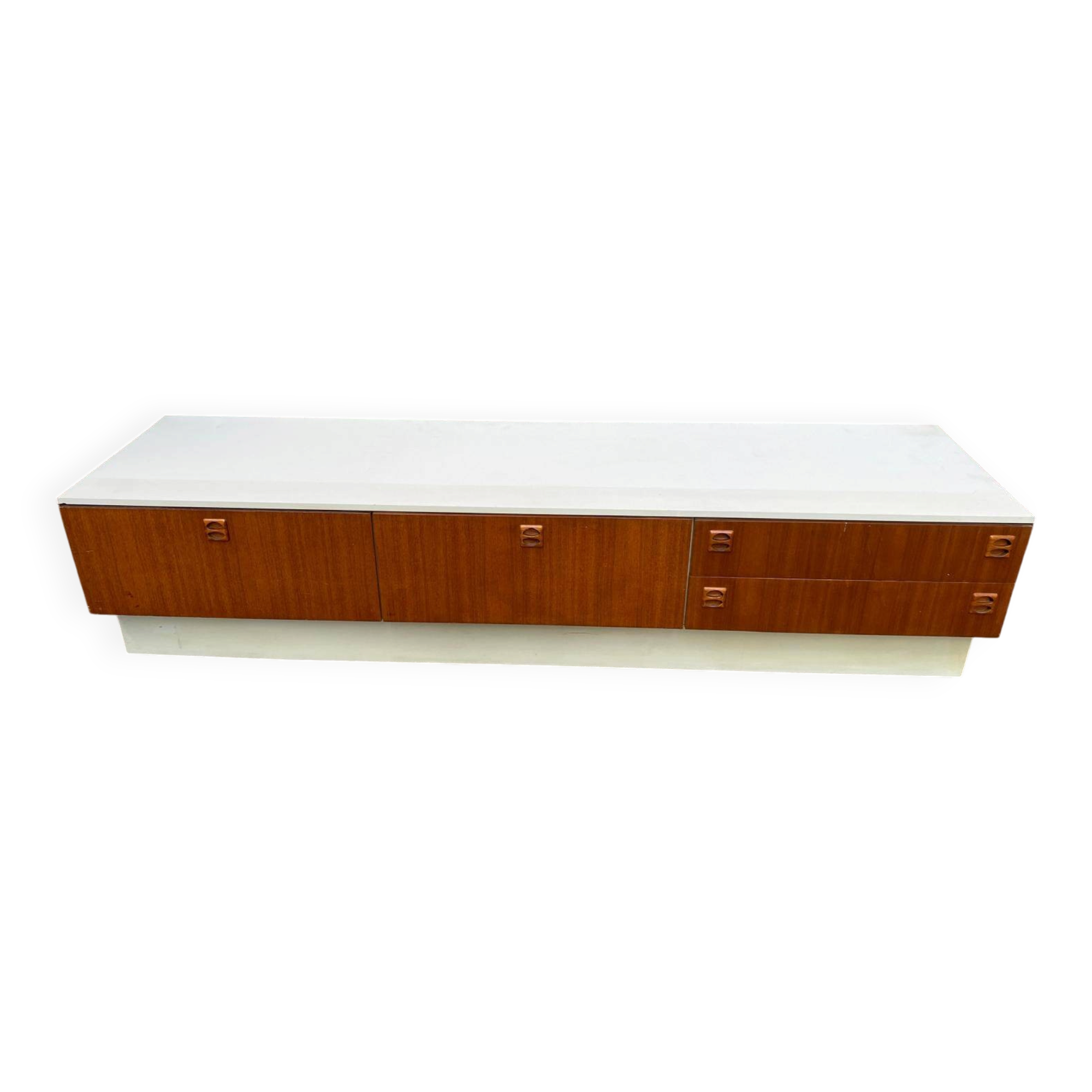 Large Scandinavian low sideboard 220x50cm solid teak & white TV unit 196