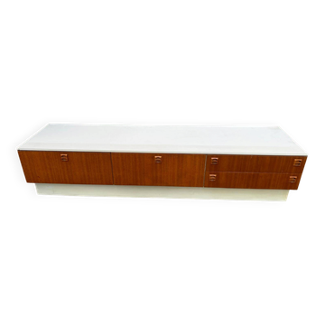 Large Scandinavian low sideboard 220x50cm solid teak & white TV unit 196