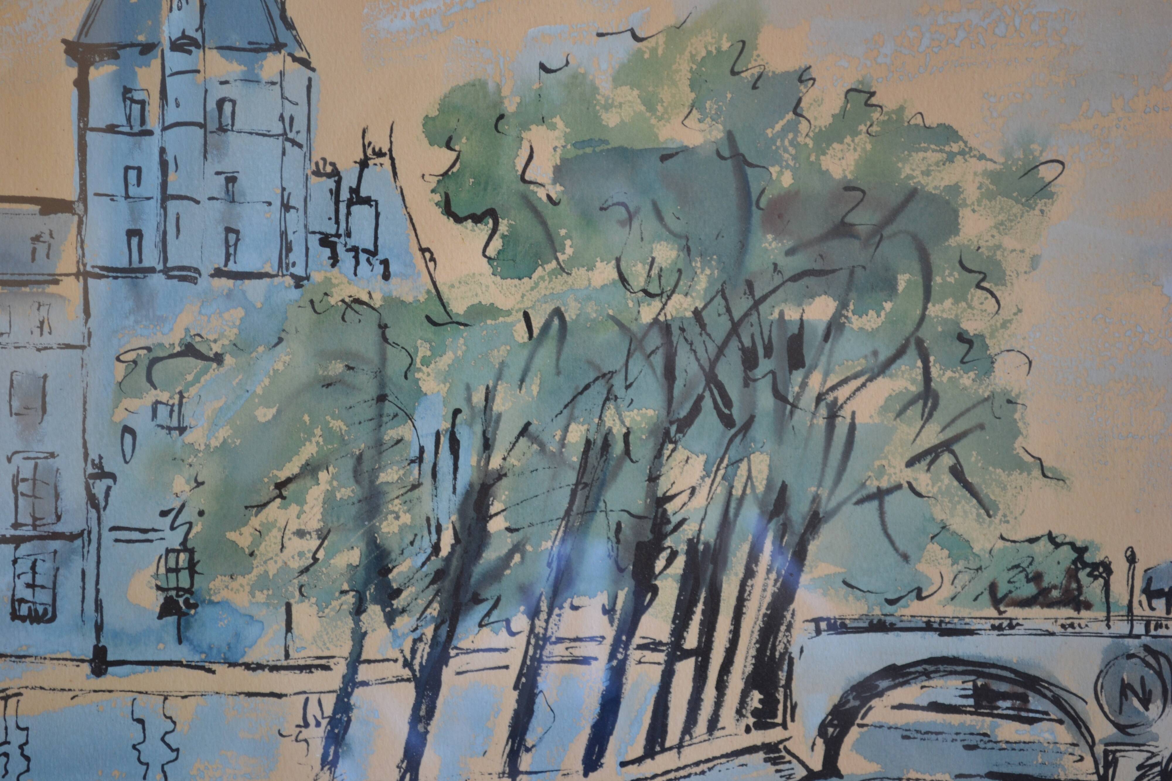 Paris the quai des orfèvres and the pont saint michel painting framed under glass