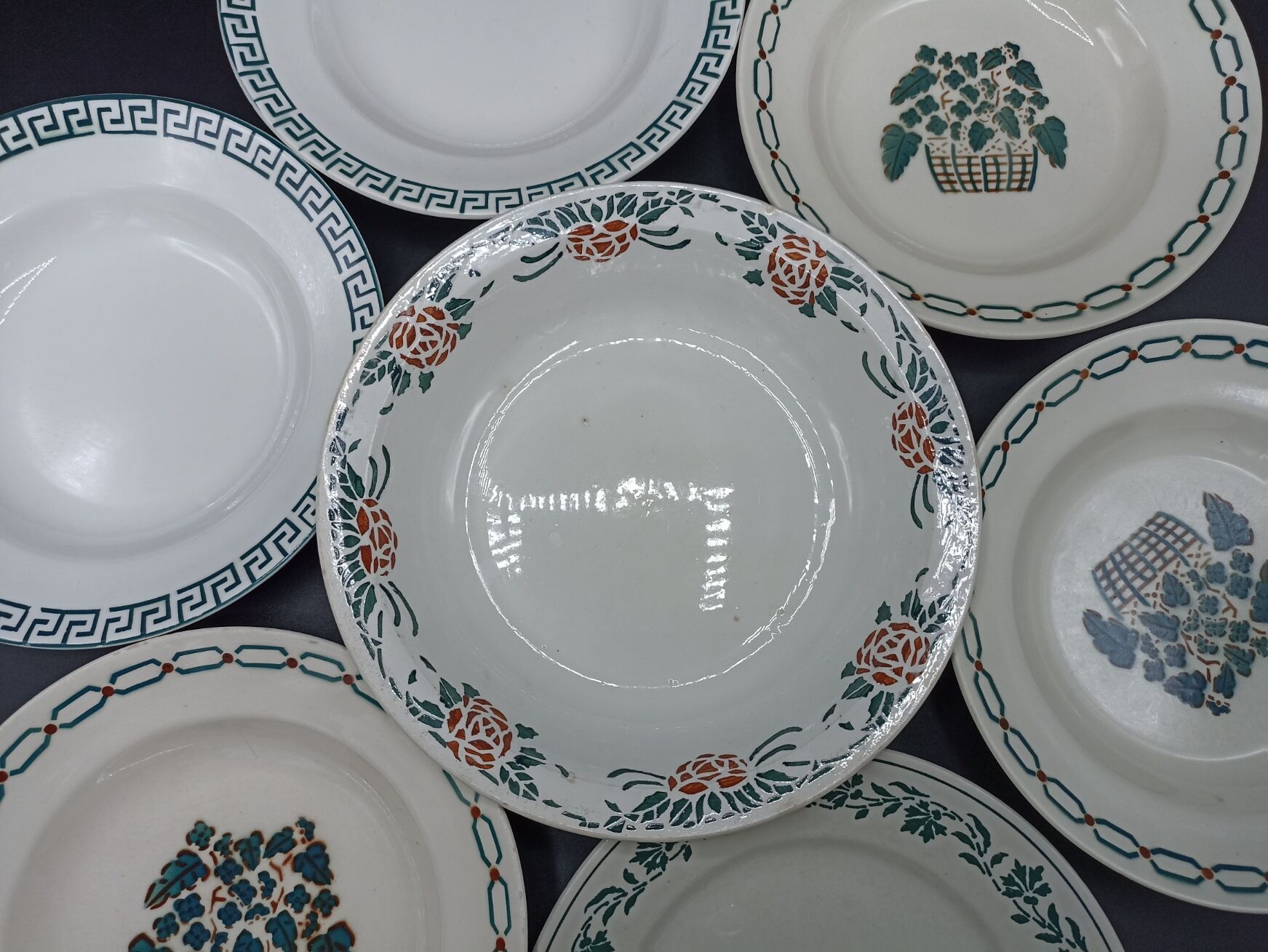 Mismatched set of old plates + dish - Green