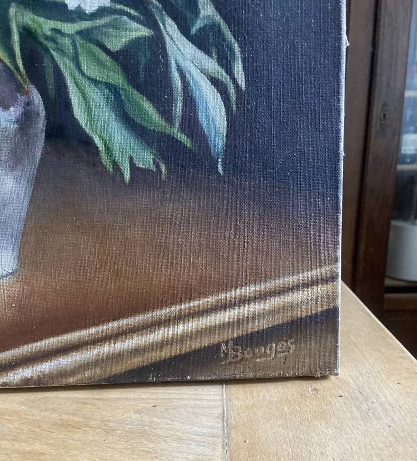 Tableau Ancien -peinture à l’huile - les Pivoines Blanches