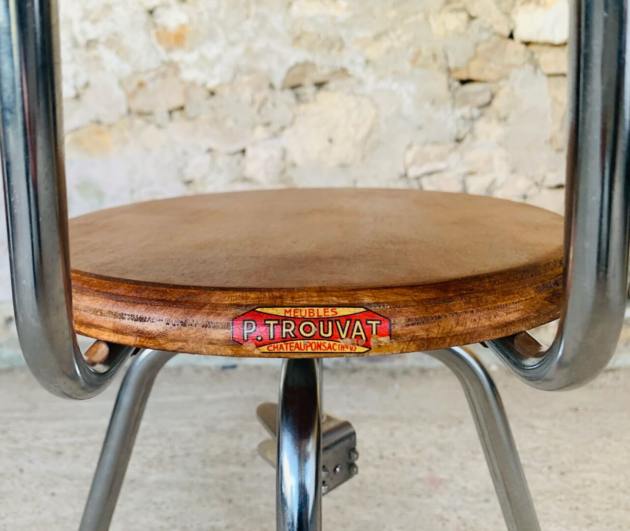 Vintage industrial metal and wood stool with adjustable swivel seat, 1960's