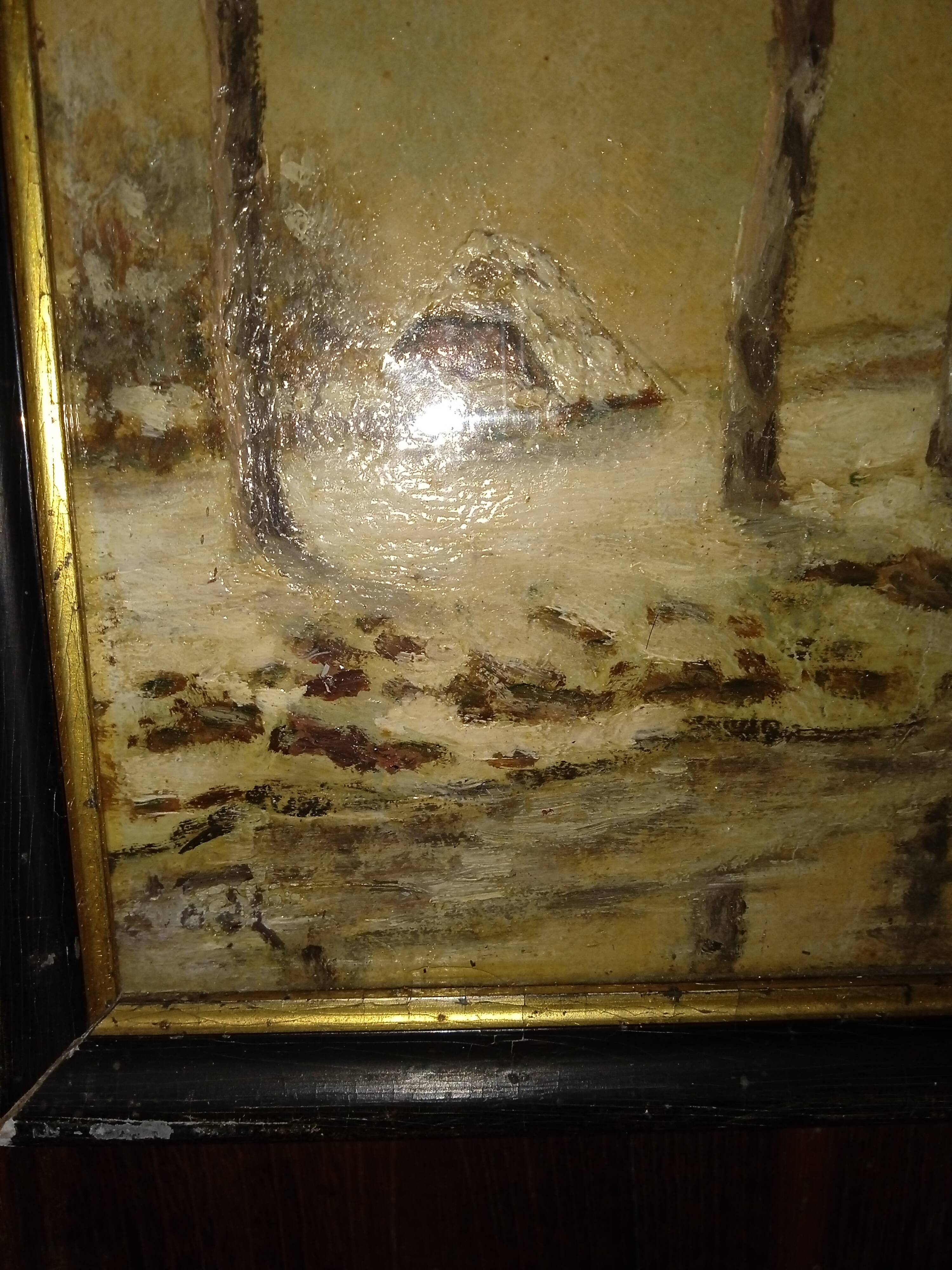 Old framed painting, oil "Wood under the snow", signed