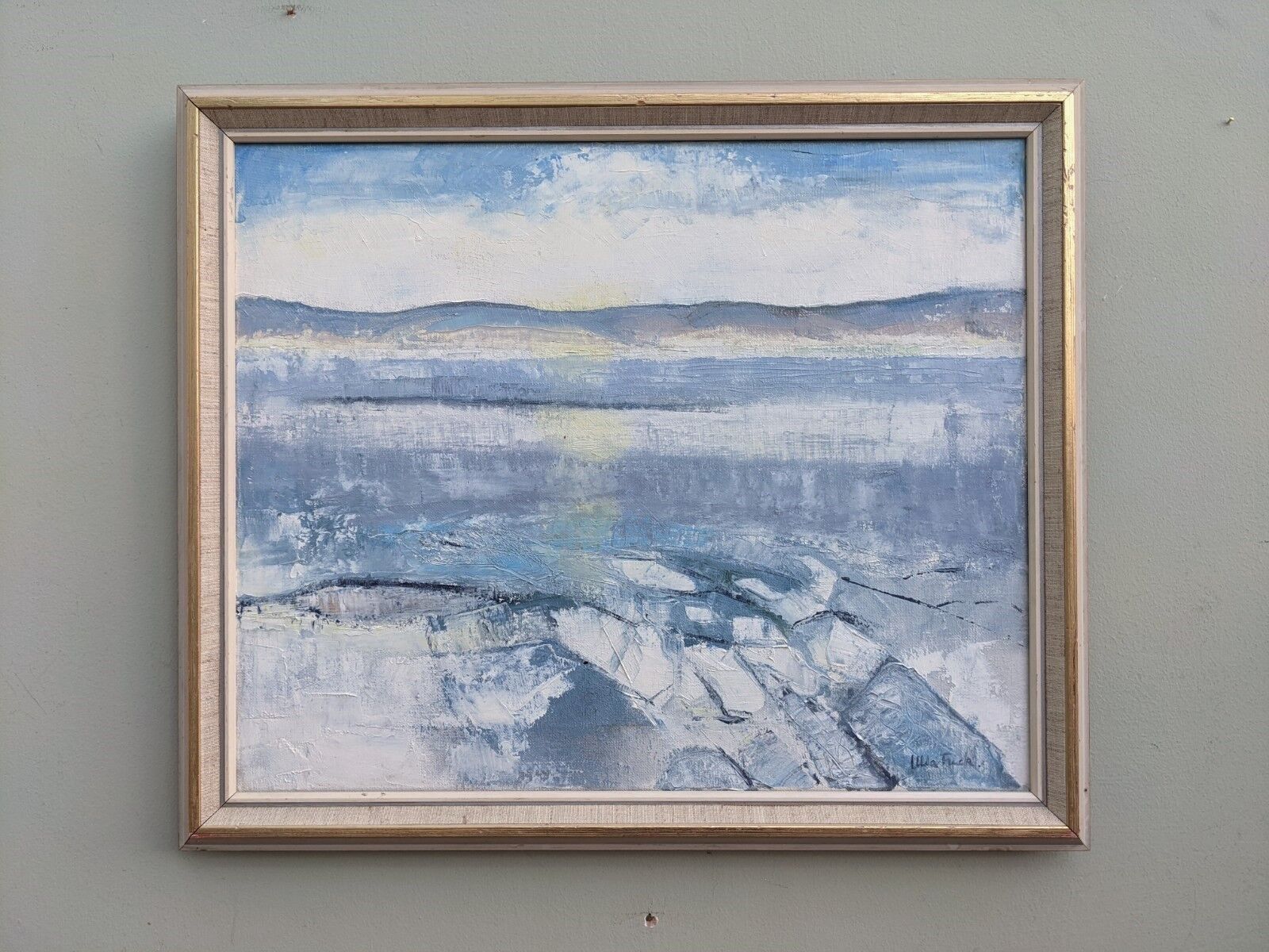 Vintage mid century framed oil painting, abstract coastal landscape - icy winter