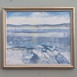 Vintage mid century framed oil painting, abstract coastal landscape - icy winter