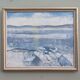Vintage mid century framed oil painting, abstract coastal landscape - icy winter