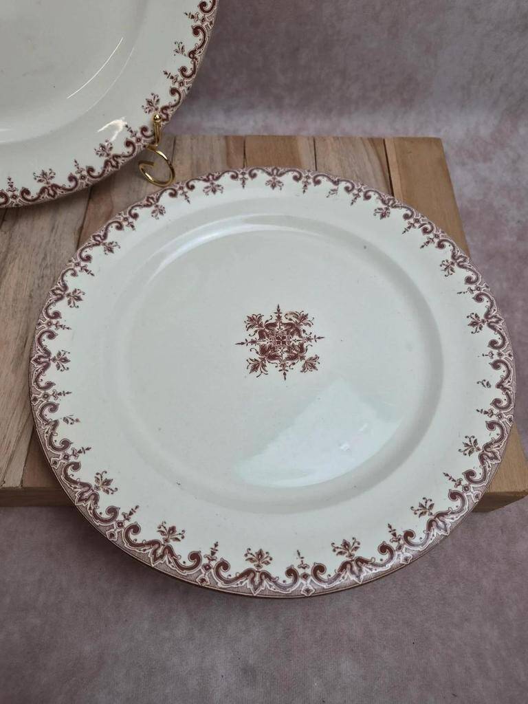 2 round plates Terre de Fer Clairefontaine Rouen sepia 19th century
