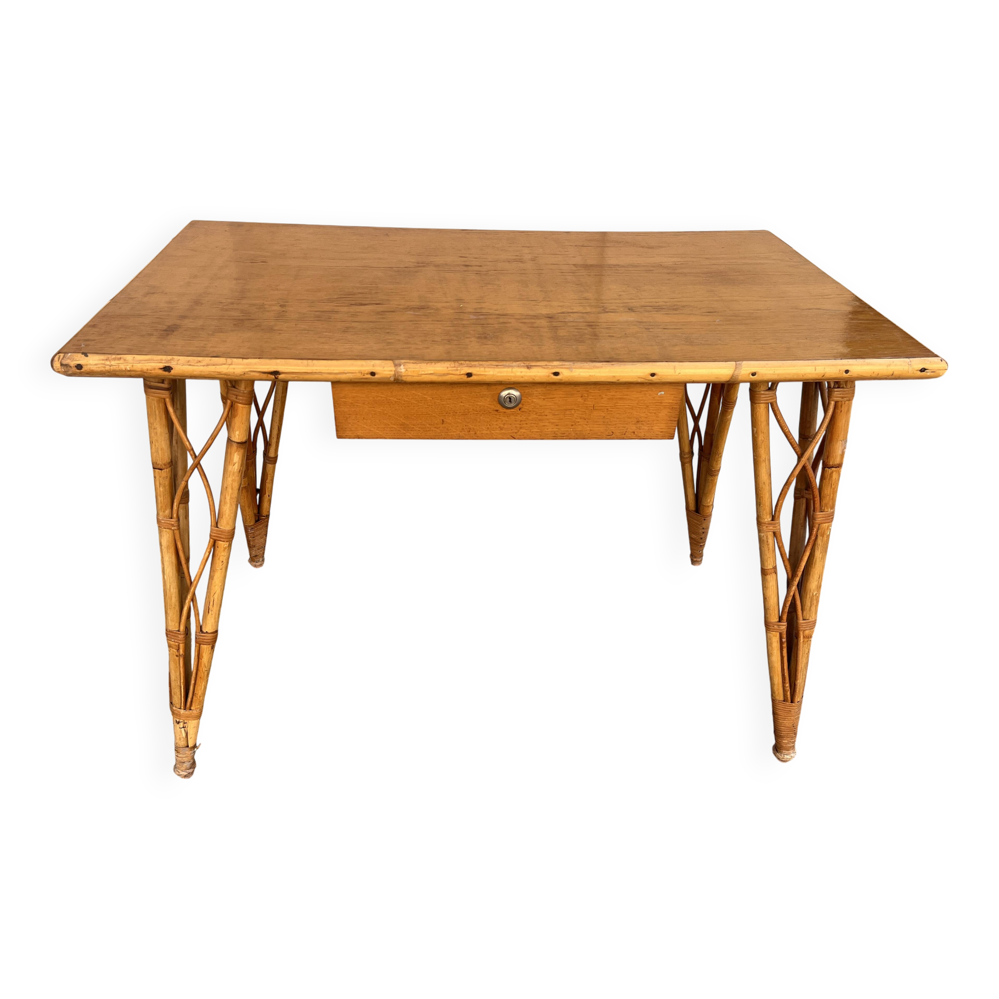 vintage 1960s rattan desk with Eiffel Tower legs