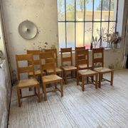 Set of 8 blond oak chairs with straw seats