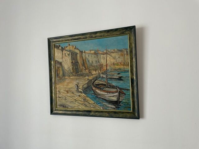 Painting signed Filhos oil on panel 1950 "Port de Martigues".