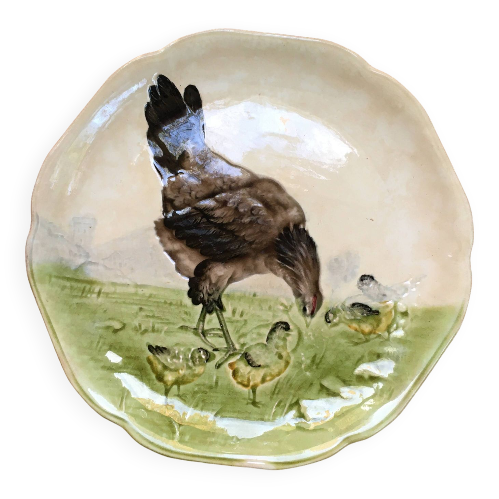 19th century majolica plate Hen and Chicks Choisy Le Roi