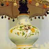 Old ceramic table lamp from Vieux Rodez, floral base, fabric lampshade 3198