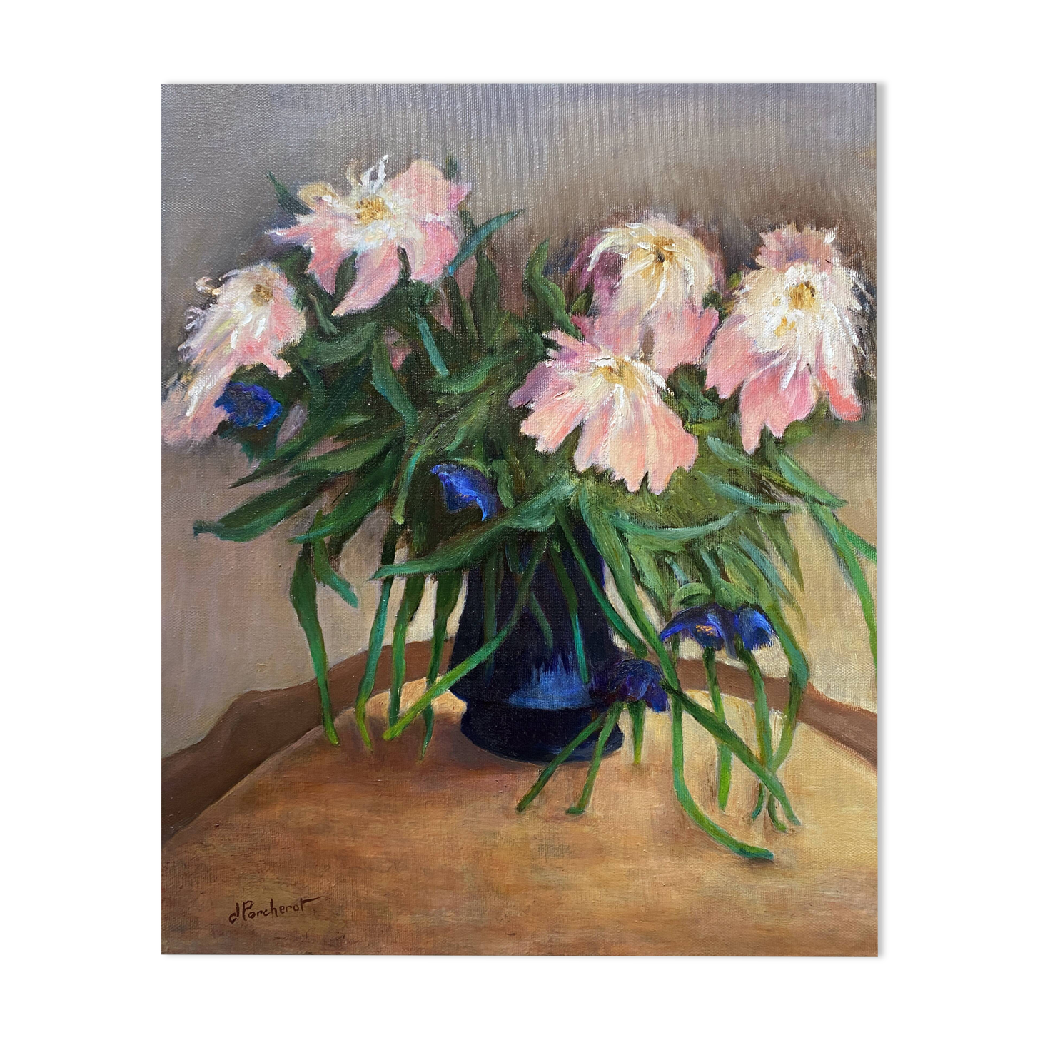 HST painting "bouquet of flowers in vase" signed Porcherot late 20th century