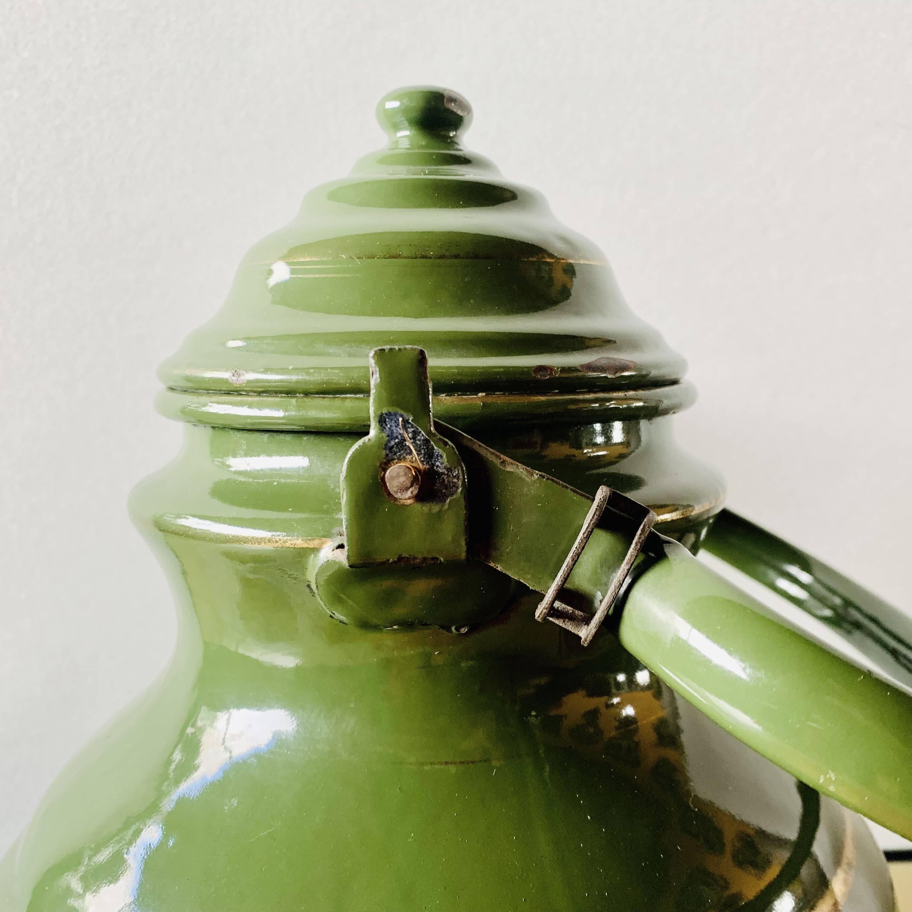 Vintage green enameled sheet metal kettle