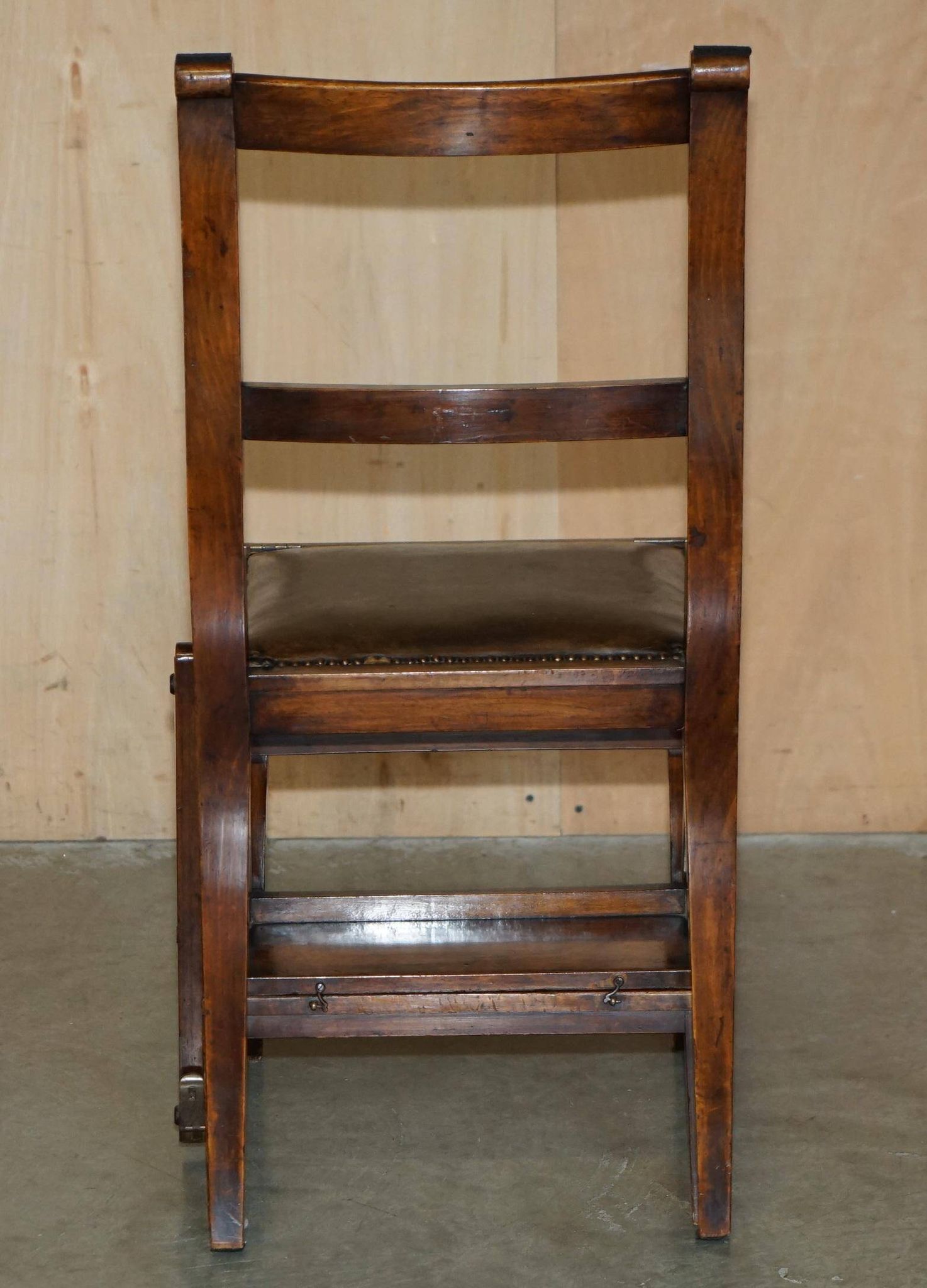 Victorian library chair, convertible, hardwood, leather, brass, circa 1880.