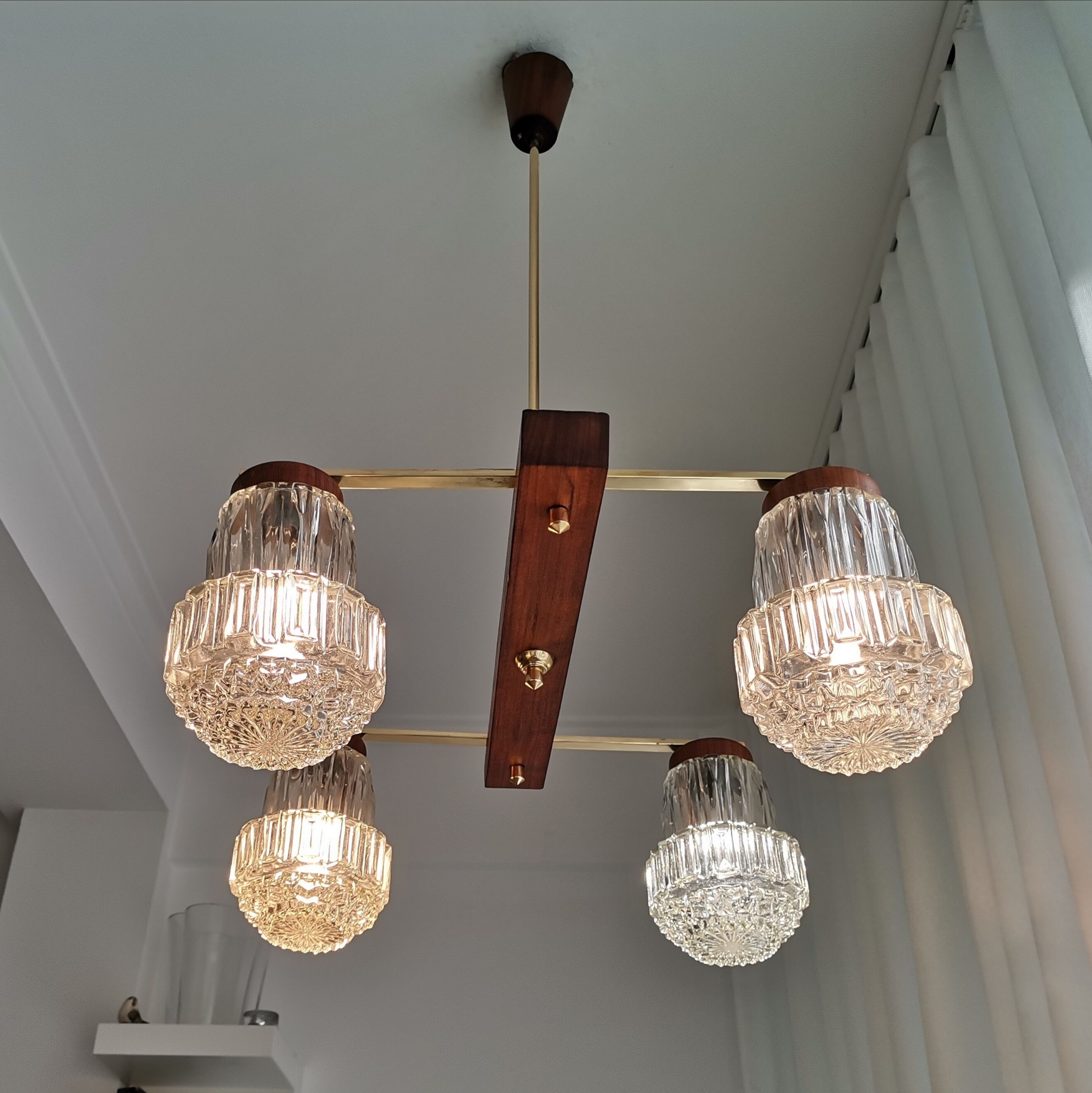 Vintage 60s rustic 4-light  wooden chandelier