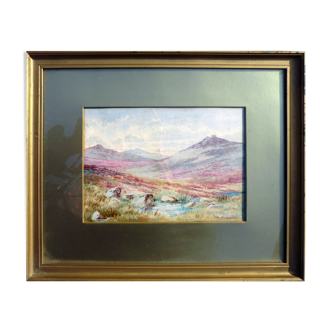 Tableau aquarelle les landes montagnes signé alabaster harris&sons