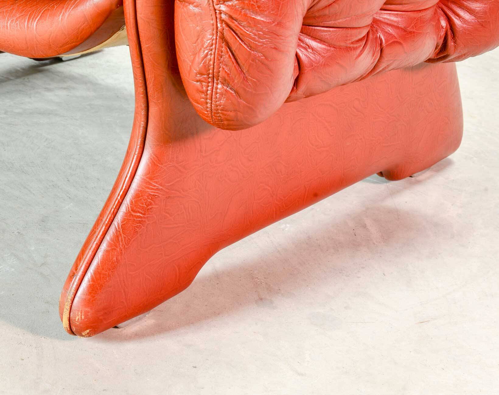 Brutalist Sculptured Brazilian Style Cognac Leather Lounge Chair, 1970s