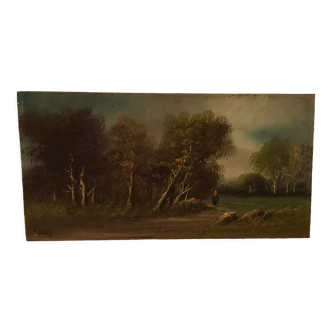 Old painting depicting a forest scene