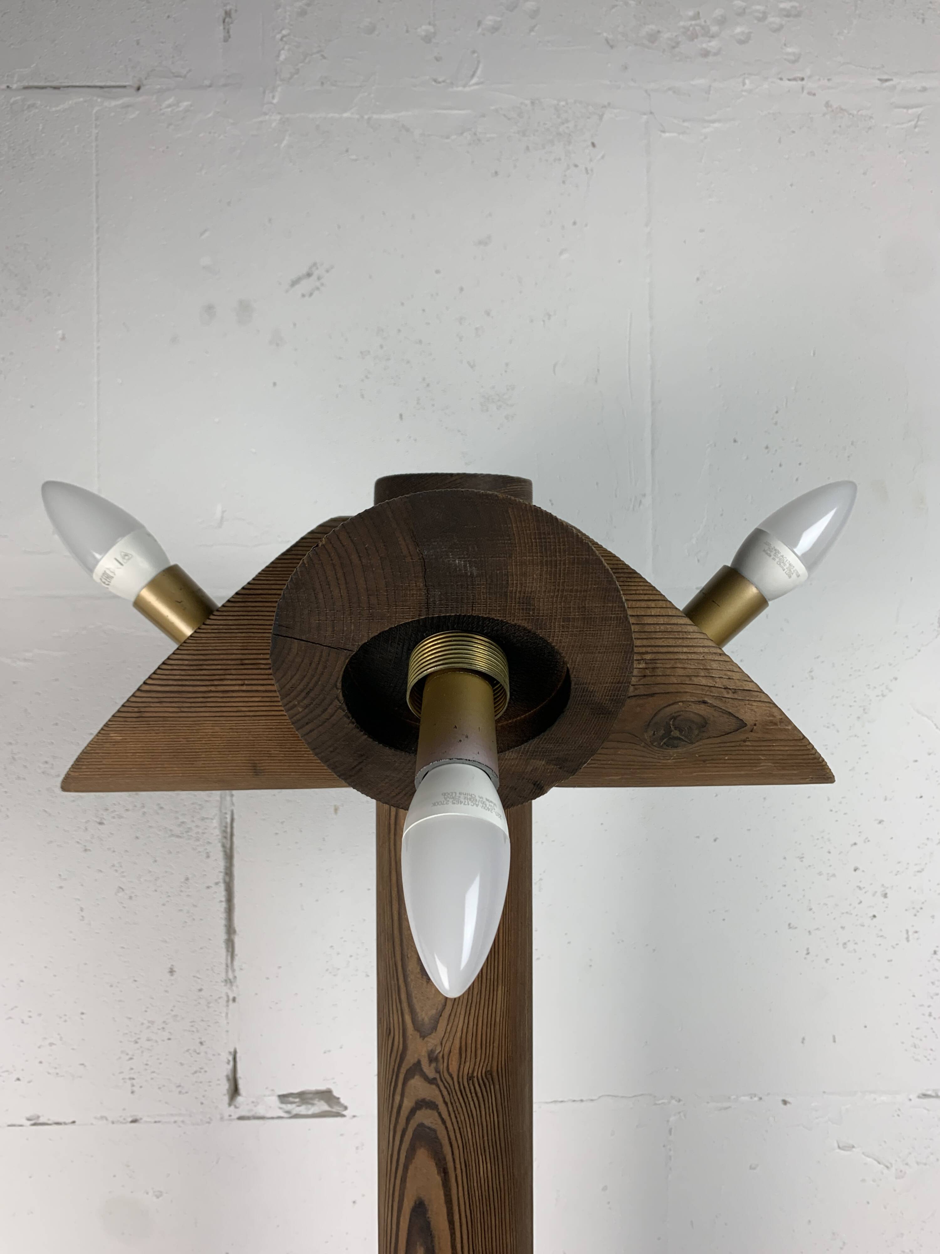 Midcentury brutalist oak floor lamp with 4 spheres, 1970s  by Temde Leuchten