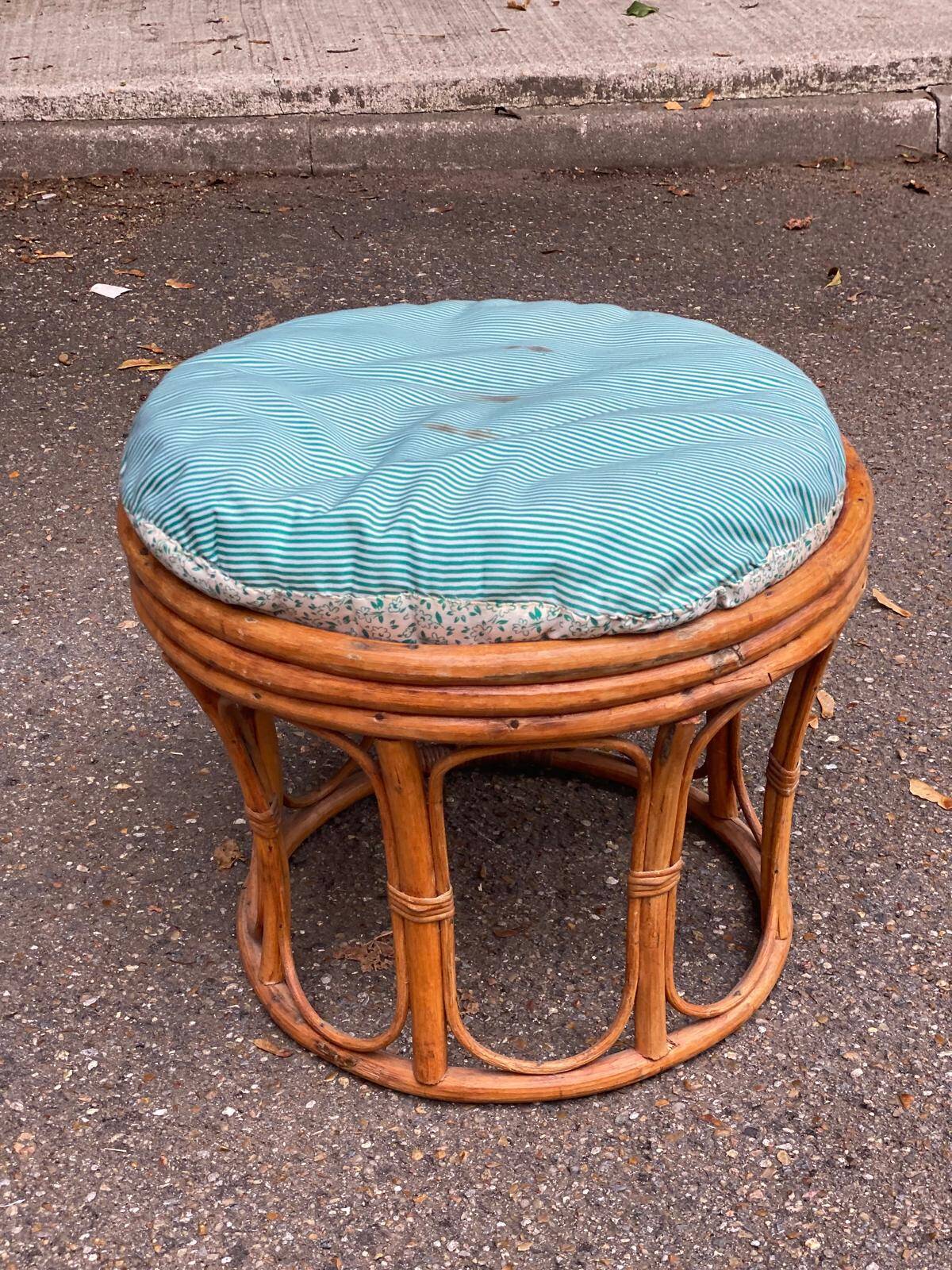 Vintage round woven bamboo pouf