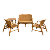 Vintage rattan garden furniture – complete set with sofa and armchairs.