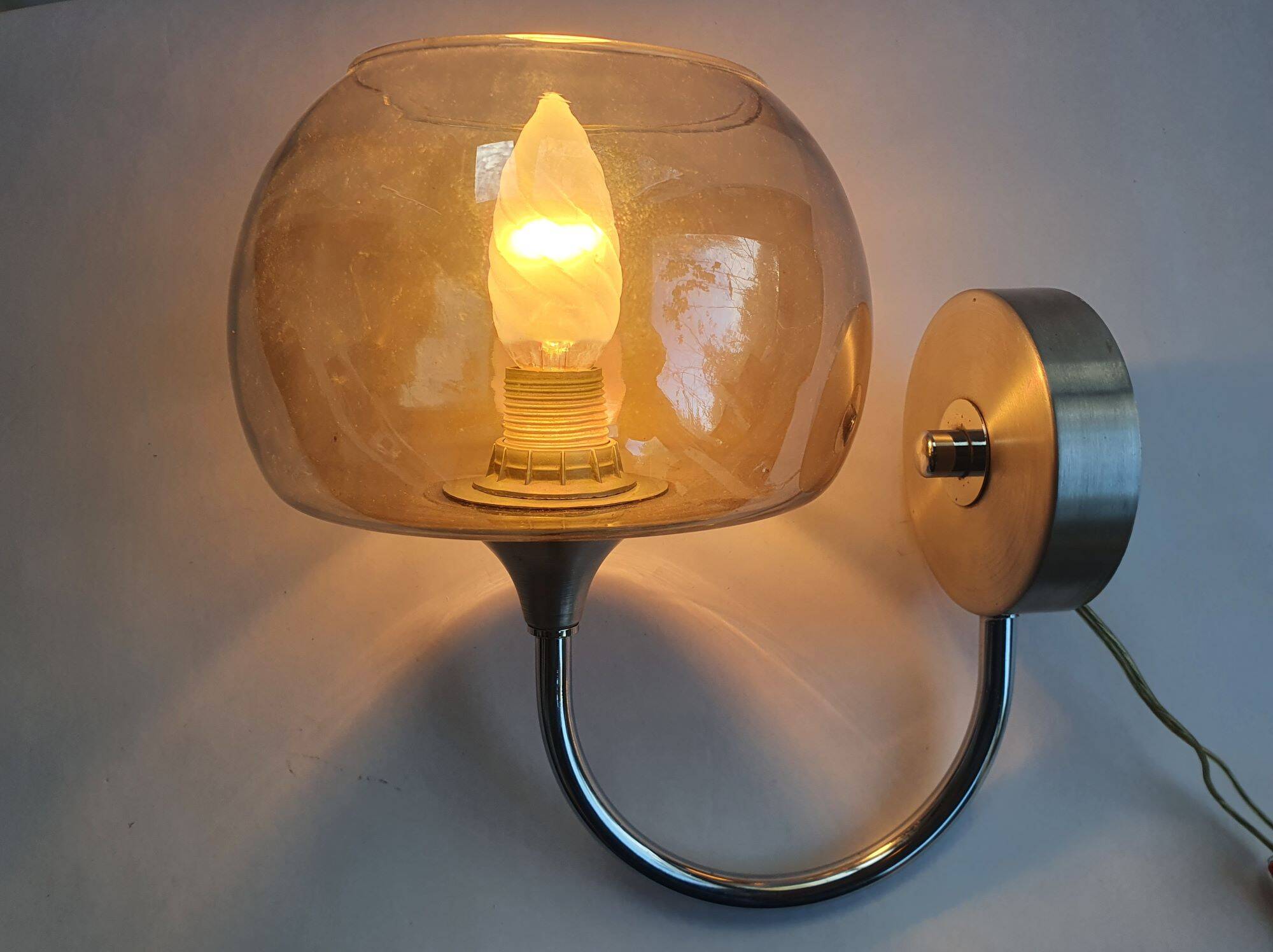 Pair of 1980s chrome metal and smoked glass wall lights