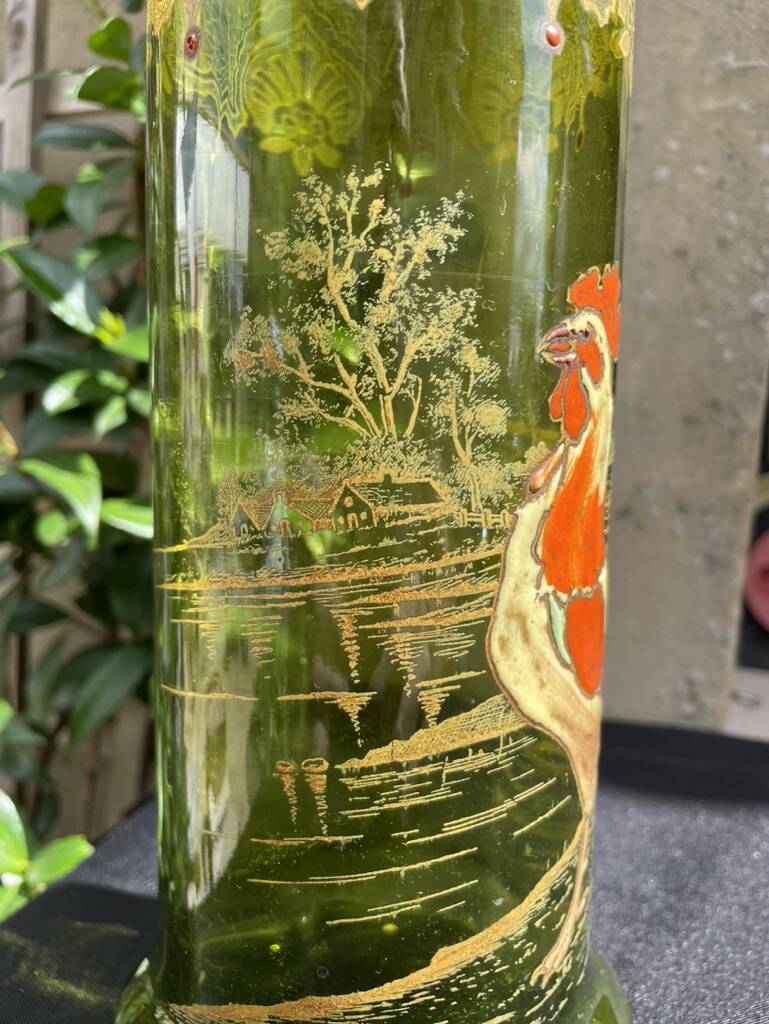 Vase “Nancy with enameled rooster” antique green FT Legras