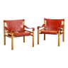 Arne Norell paire de chaises longues Sirocco Safari en cuir rouge et frêne, Suède