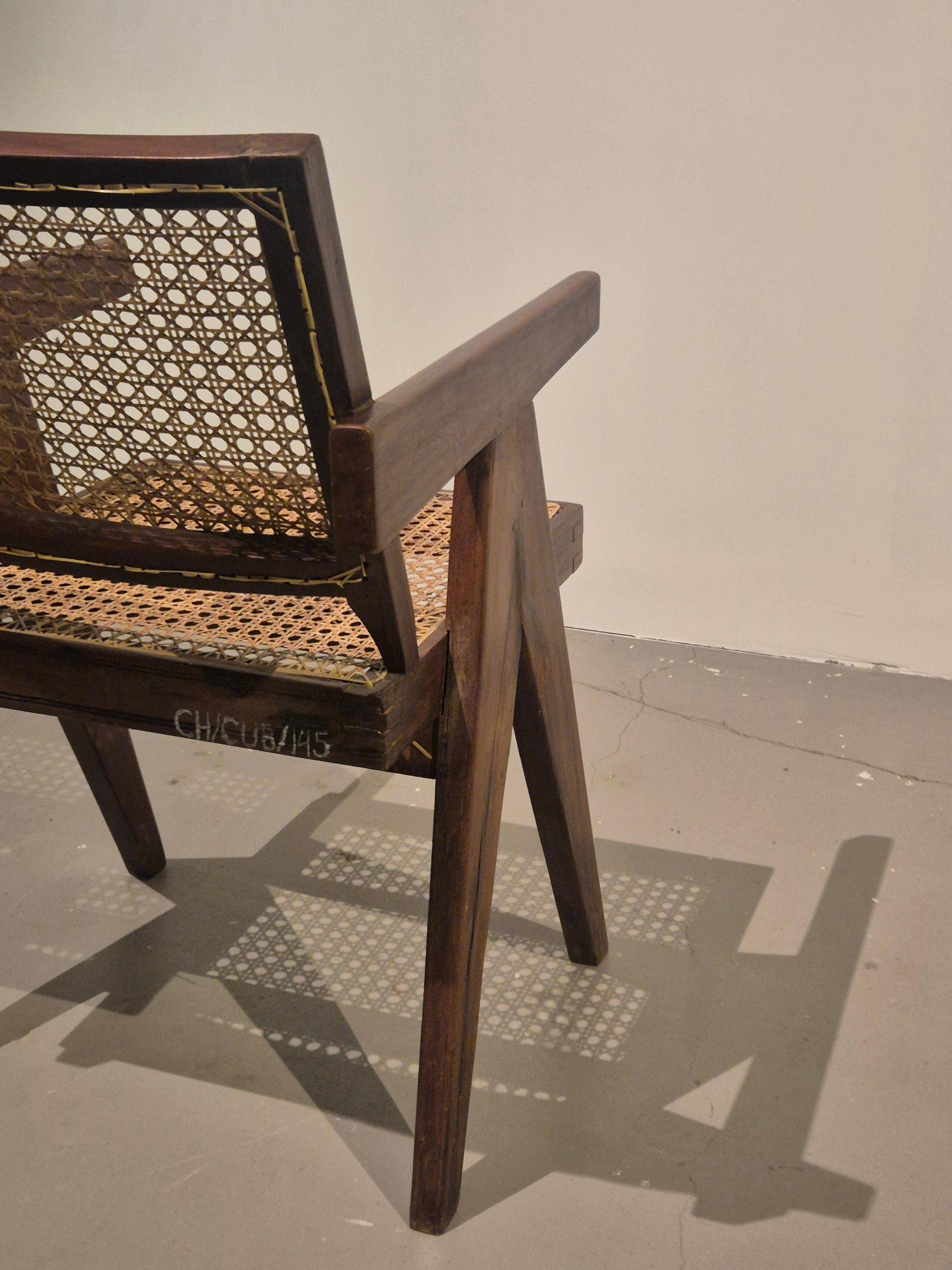 Pierre Jeanneret, original SI-28-B armchair in teak and caning, Mid-Century Modern