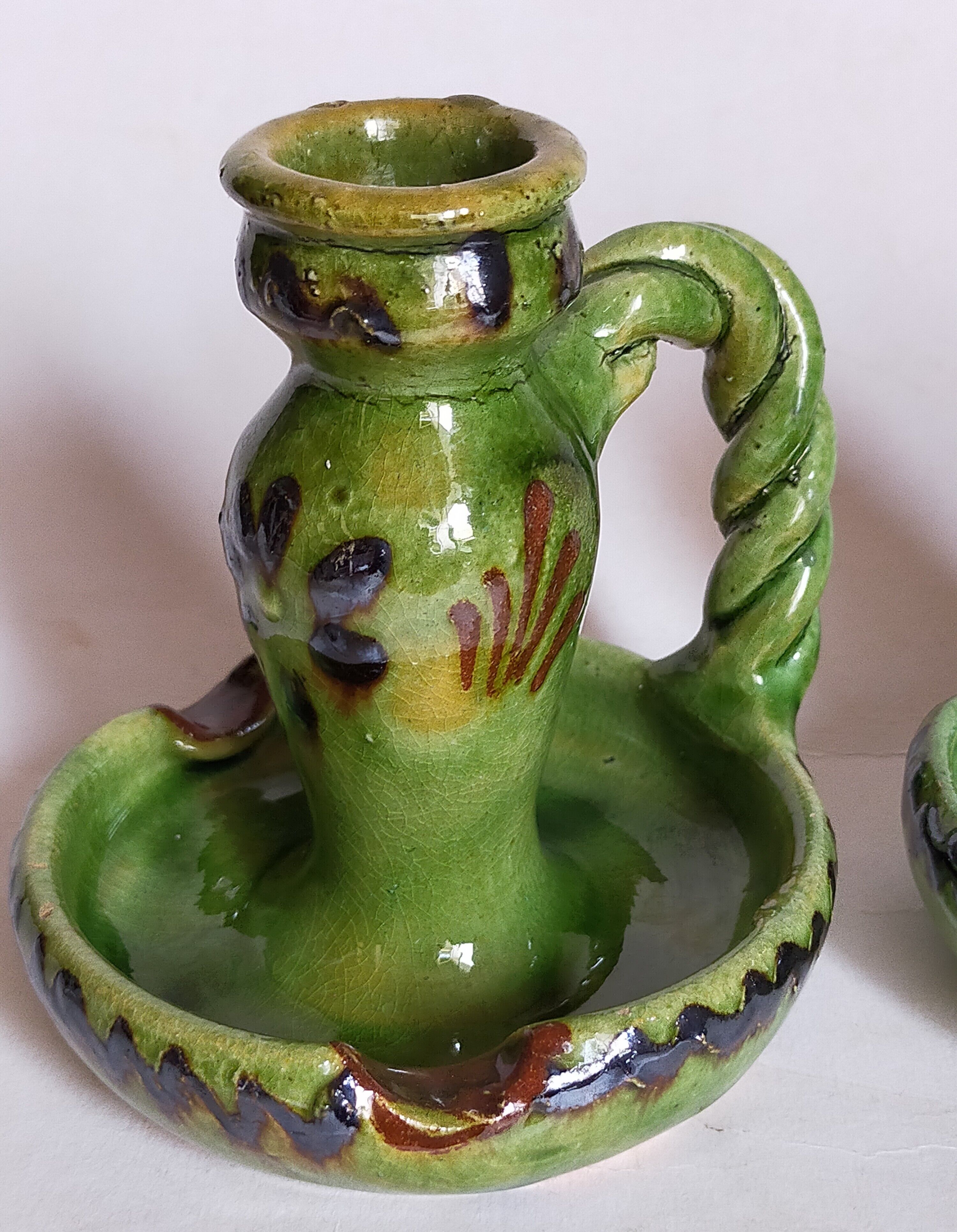 Duo of vintage potter's ceramic candle holders Regional Folk Art