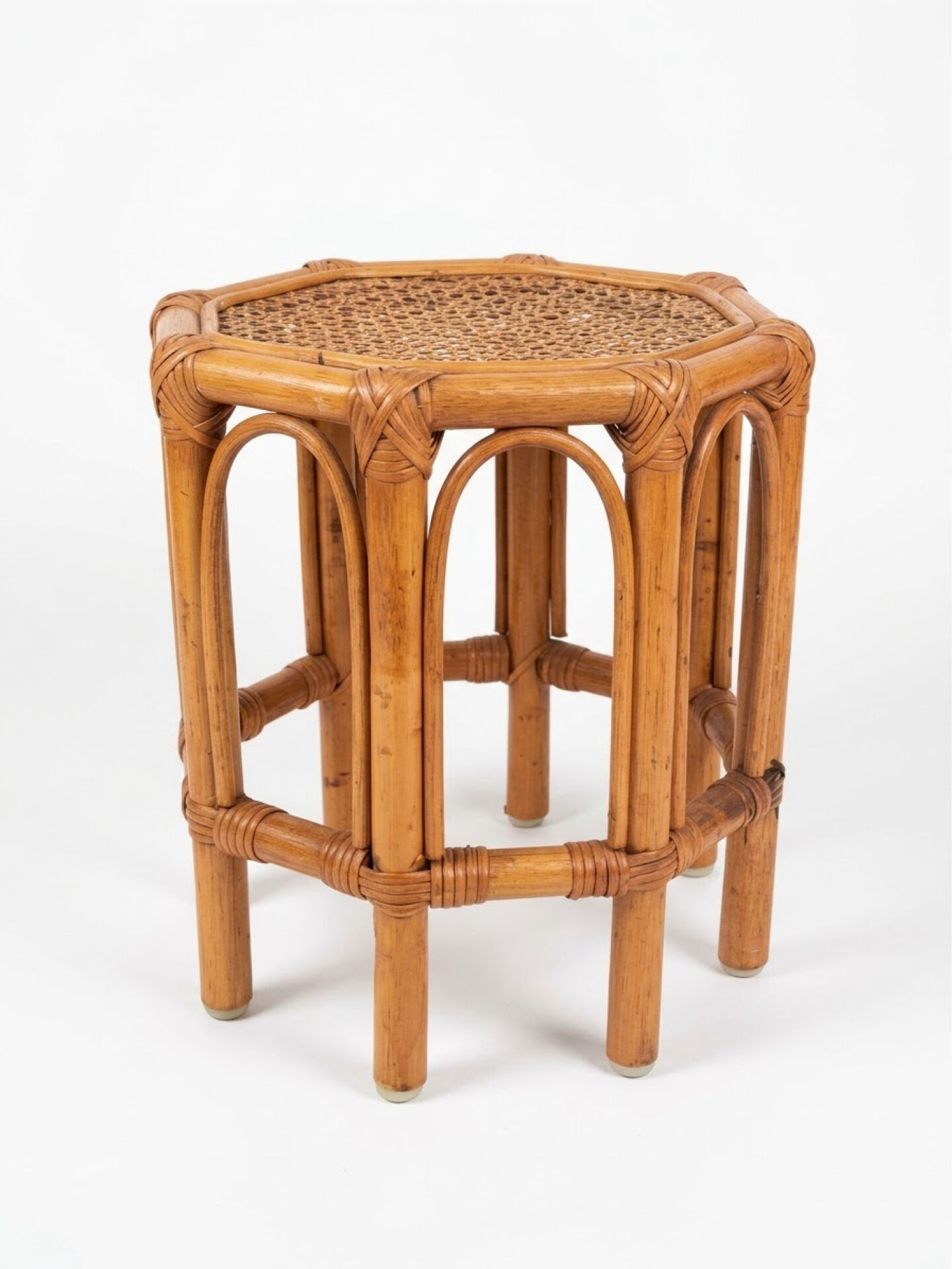 Tabouret vintage octogonal en rotin et cannage