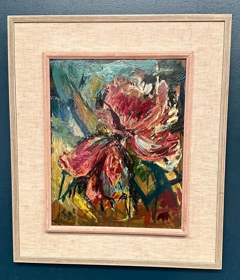 Original Swedish Oil on Panel – "Pink Flower" by Owe Wessbohn – Signed – Vintage and Framed – 69 × 51 cm (27.2" × 20.1")