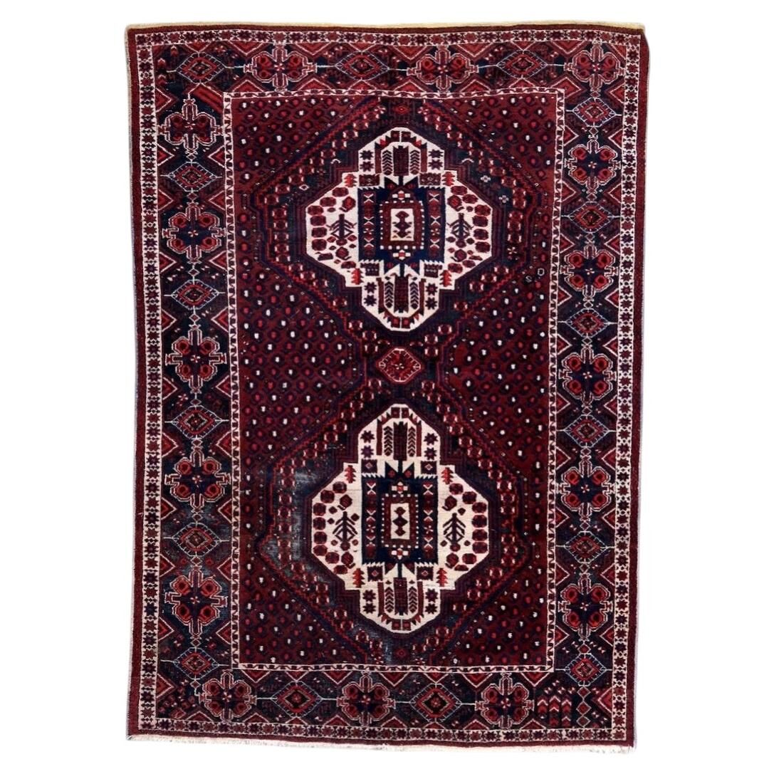 Vintage 1950s Persian Afshar rug, tribal double medallion, red field, 148cm x 211cm