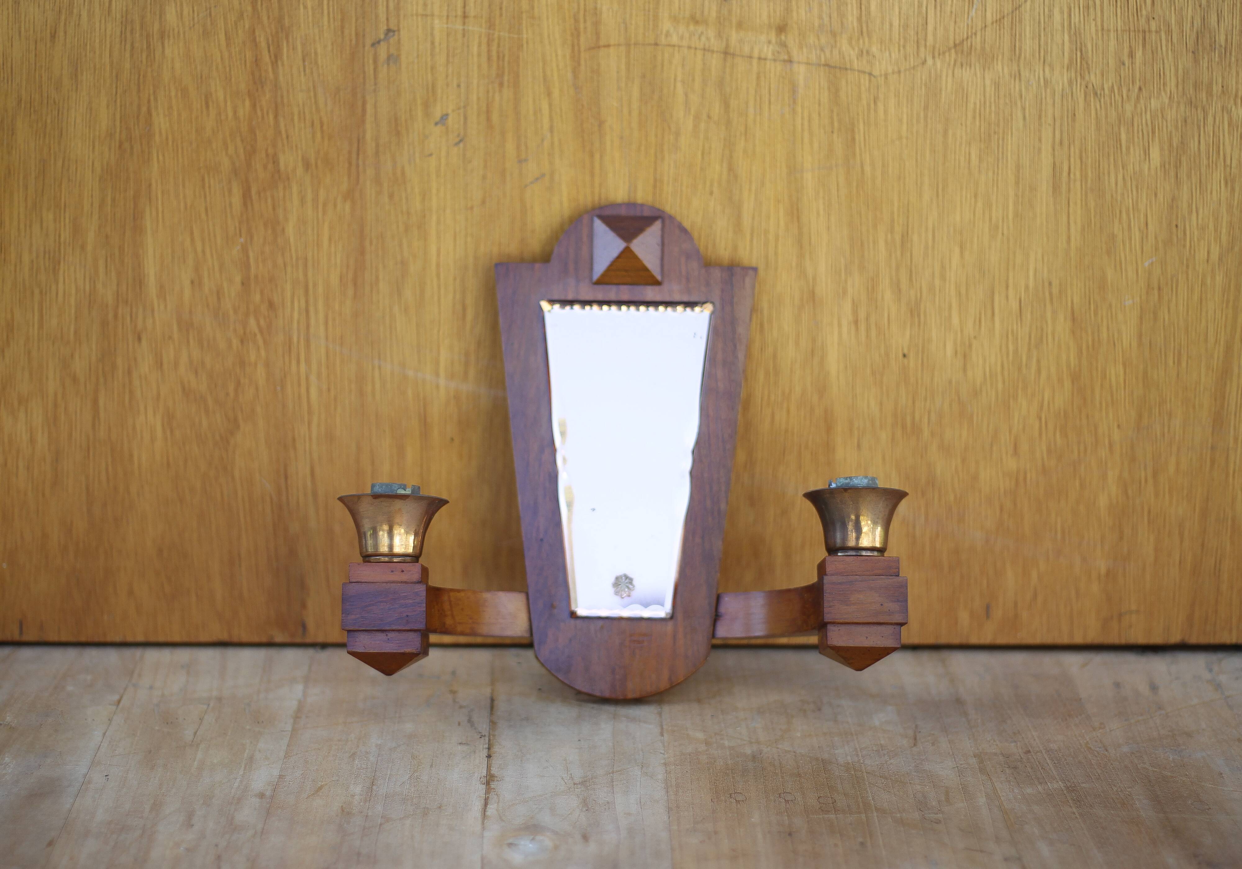 Vintage wooden wall light, wall light with art deco mirror